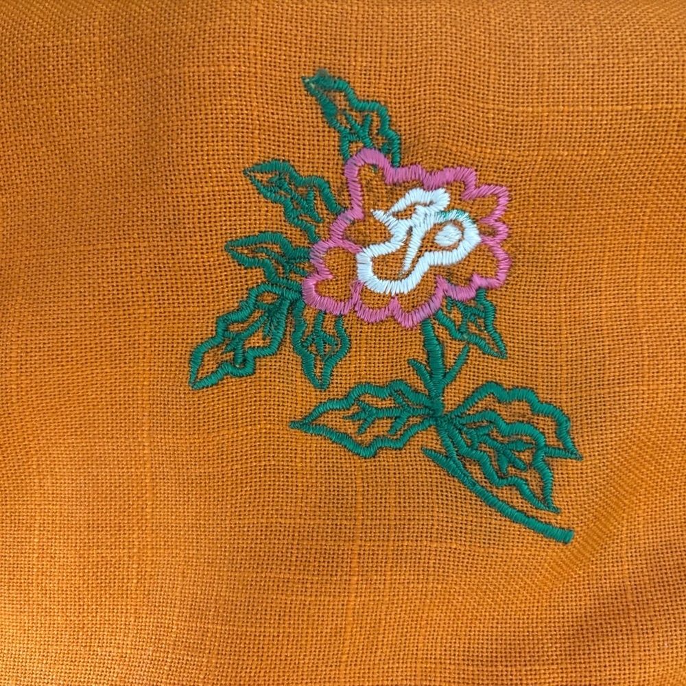Vintage Orange Scalloped Edge Tablecloth with Floral Embroidery